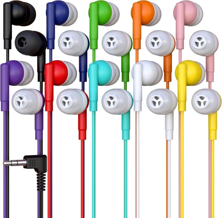 10 Pack Bulk Wired Earbuds, In Ear Headphones with 3.5mm Jack, 4ft Tangle Free Cable, Comfortable Fit, Affordable and Cost Effective, Ideal for School Classroom Testing Students Events Groups, Mix