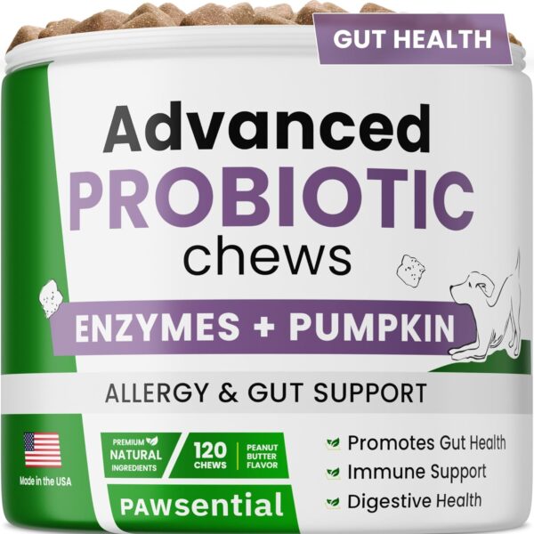 Dog Probiotic Chews for Digestive & Gut Health - Advanced Formula with Yeast, Enzymes & Fiber - Diarrhea Gas Stomach Relief Treats - Chewable Pet Digestion Supplement (120Ct Peanut Butter)
