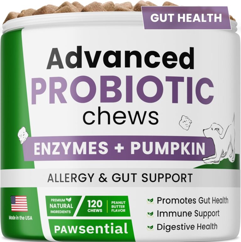Dog Probiotic Chews for Digestive & Gut Health - Advanced Formula with Yeast, Enzymes & Fiber - Diarrhea Gas Stomach Relief Treats - Chewable Pet Digestion Supplement (120Ct Peanut Butter)