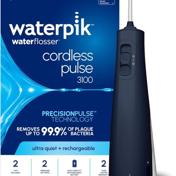Waterpik Cordless Pulse 3100 Rechargeable Portable Water Flosser for Teeth, Gums, Braces Care and Travel with 2 Flossing Tips, Waterproof for Shower Use, ADA Accepted, WF-20 Blue, Amazon Exclusive