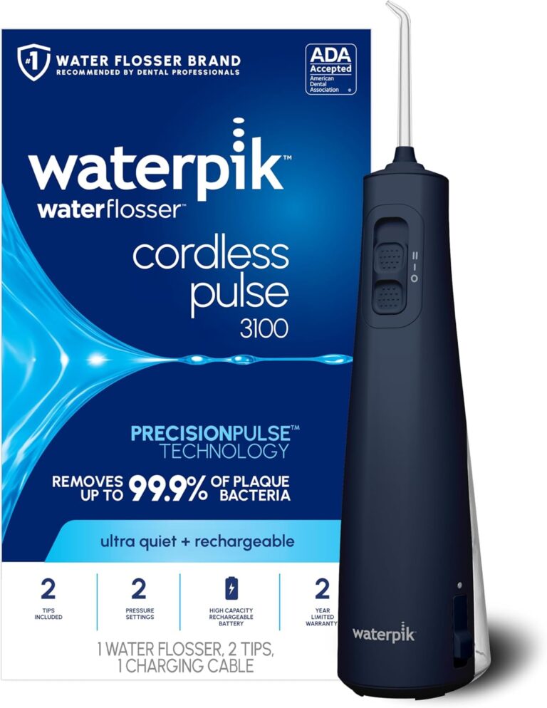 Waterpik Cordless Pulse 3100 Rechargeable Portable Water Flosser for Teeth, Gums, Braces Care and Travel with 2 Flossing Tips, Waterproof for Shower Use, ADA Accepted, WF-20 Blue, Amazon Exclusive