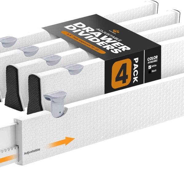 RAPTUROUS Adjustable Drawer Dividers 4 Pack, 2.5" High, 13-22" Long, Dresser Drawer Organizer for Bedroom, Closet, Kitchen, Nursery, Office, Strong Hold, Soft Foam Edges, White