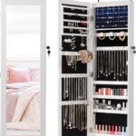 DUMOS 6 LEDs Mirror Jewelry Cabinet, Wall or Door Mounted Jewelry Organizer, 47.2-Inch Tall Lockable Large Capacity Cosmetic Storage, Gift Idea