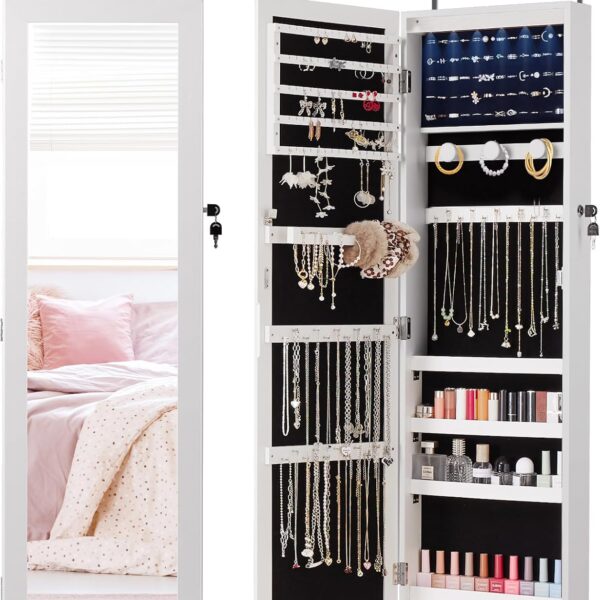 DUMOS 6 LEDs Mirror Jewelry Cabinet, Wall or Door Mounted Jewelry Organizer, 47.2-Inch Tall Lockable Large Capacity Cosmetic Storage, Gift Idea