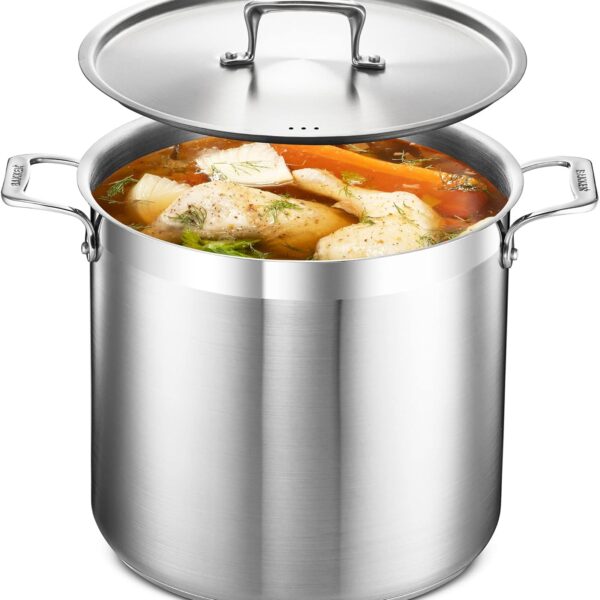 Stainless Steel Stockpot with Lid 16 Quart, Durable 18/8 Stainless Steel, Impact-Bonded Base for Even Heating, Riveted Handles, Oven & All Stove Compatible, Safe Up To 500F (260C)