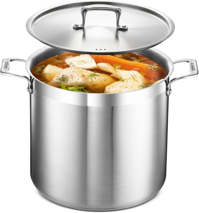 Stainless Steel Stockpot with Lid 16 Quart, Durable 18/8 Stainless Steel, Impact-Bonded Base for Even Heating, Riveted Handles, Oven & All Stove Compatible, Safe Up To 500F (260C)