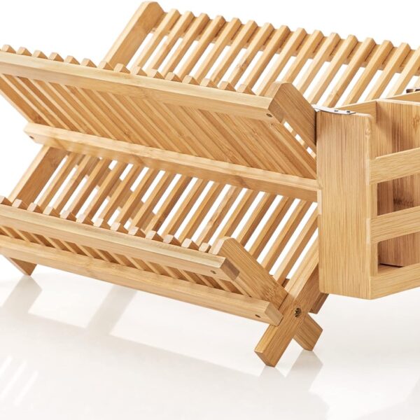 HBlife Dish Rack, Bamboo Folding 2-Tier Collapsible Drainer Dish Drying Rack with Utensils Flatware Holder Set (Dish Rack with Utensil Holder)
