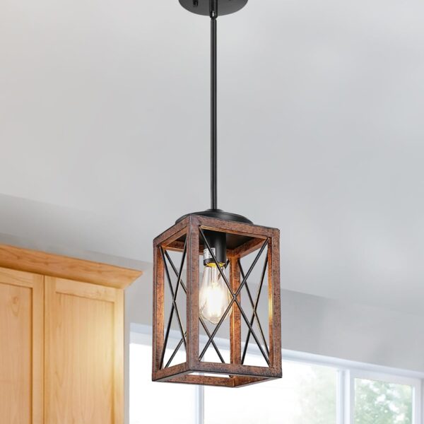 DEWENWILS Farmhouse Pendant Light, Metal Hanging Light Fixture with Wooden Grain Finish, 48 Inch Adjustable Pipes for Flat and Slop Ceiling, Kitchen Island, Bedroom, Dining Hall, E26 Base