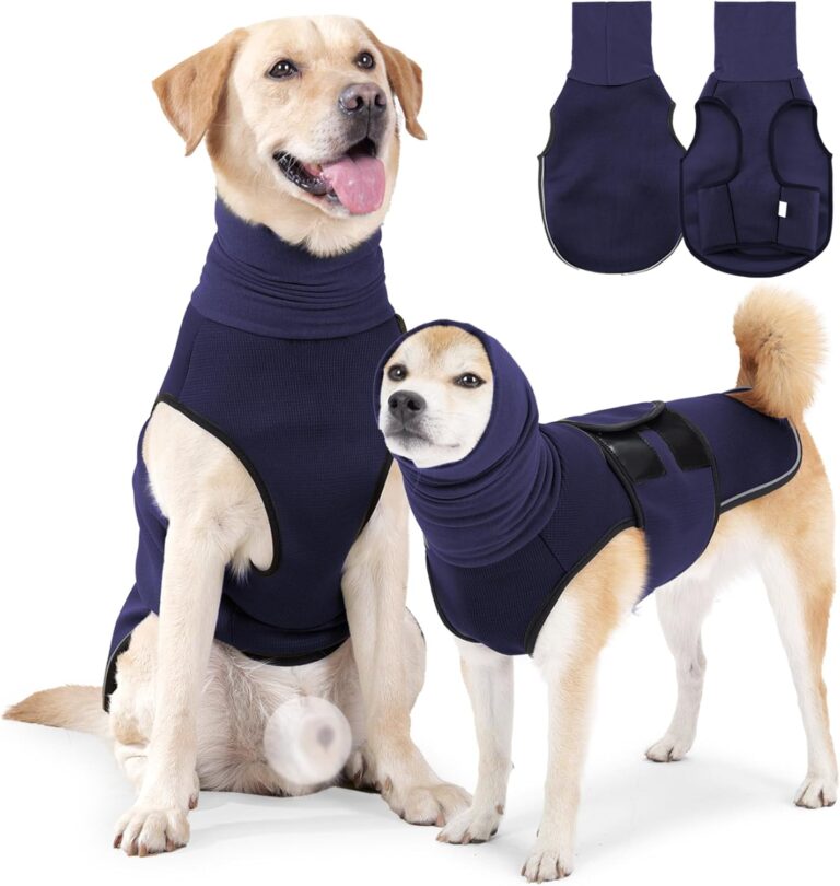 Dog Anxiety Jacket, Breathable Dog Anxiety Relief Vest Shirt, 2-in-1 Large Doggy Calming Hoodie with Ears Wrap for Thunderstorms, Fireworks, Vet Visits, Separation, Noise Protect Recovery (Blue, S)