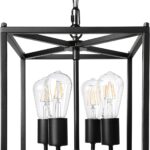 Unicozin 4-Light Black Farmhouse Chandelier, Iron Lantern Pendant Light Rustic Cage Adjustable Height, E26 Base Industrial Hanging Lights for Kitchen Island Dining Room Hallway Foyer Entryway