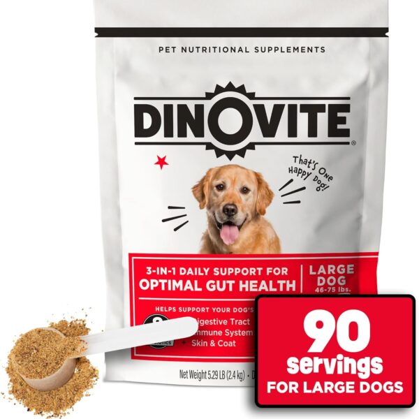 Dinovite Probiotic Supplement for Dogs, Omega 3, Hot Spot Relief, Skin & Coat Supplement, 90 Day Supply for Large Dogs