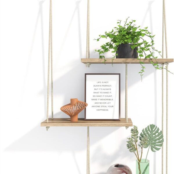 Fixwal Hanging Plant Shelves for Wall, 3 Tier Boho Wall Decor Plant Rack Floating Shelves Rope Rustic Wood Organizer Storage Hanger for Aesthetic Home Bedroom Kitchen Bathroom- Rustic Brown