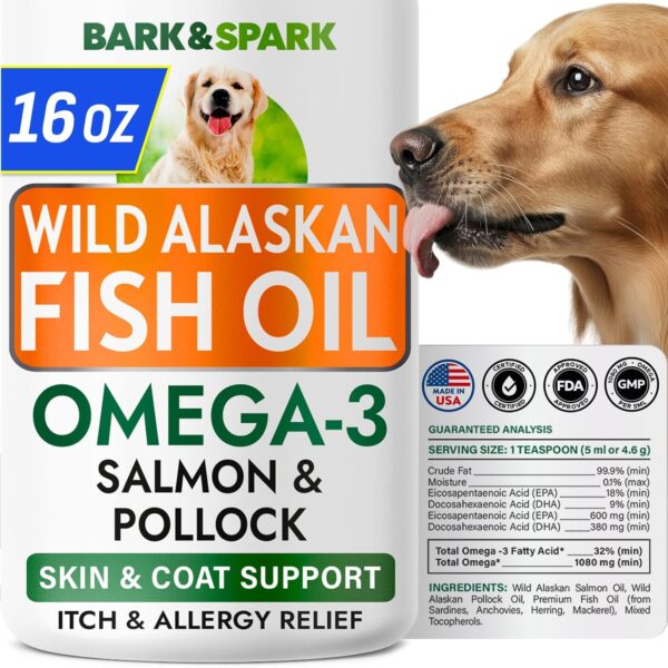 BARK&SPARK Omega 3 Fish Oil for Dogs - w/Wild Alaskan Salmon Oil for Dogs, Fish Oil Liquid Supplement for Pets, EPA+DHA Fatty Acids, Skin&Coat Support - Itch&Allergy Relief, Joint, Immune&Heart Health