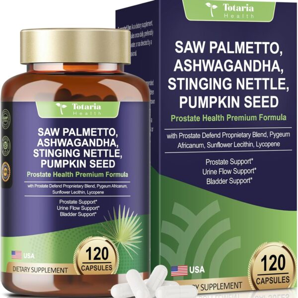 Totaria Organic Saw Palmetto with Pumpkin Seed - Prostate Health Supplements with Ashwagandha Root, Stinging Nettle, Prostate Defend Propnietary Blend, DHT Blocker for Men & Women, 120 Count
