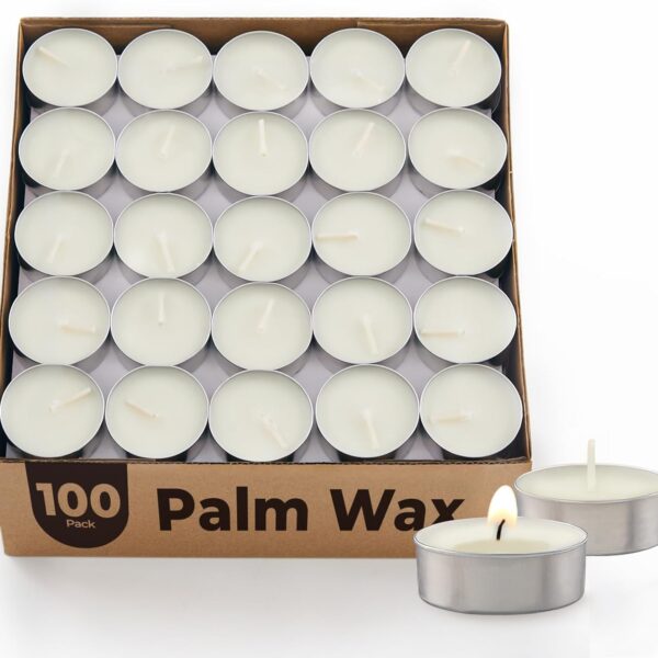Unscented Palm Tea Lights Candles 100 Pack Bulk, 4.5 Hours Long Burning White Tea Lights,Non-Paraffin, Smokeless, Mini Tealight Votive Candles for Wedding, Christmas Lights, Party, Christmas
