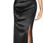 Miusol Women's Sexy Off Shoulder Satin High Split Ruched Style Evening Party Maxi Dress