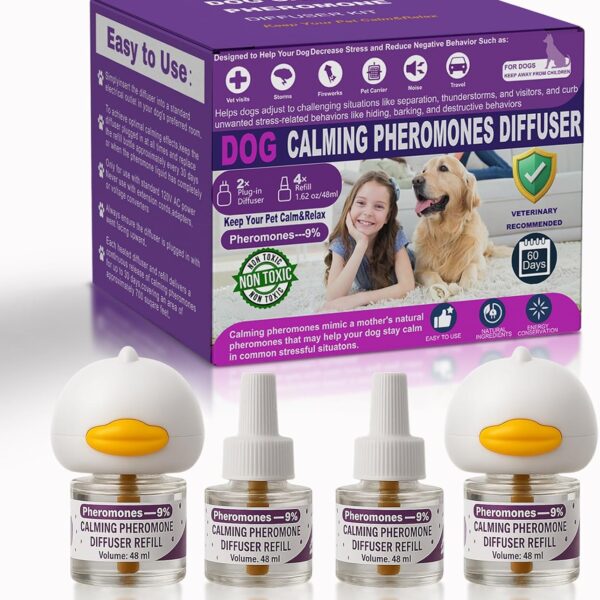 Dog Calming Pheromones Diffuser & 6 in 1 Kit Appeasing Dog Pheromone Diffuser to Calm (2 Plug in+4 x48ml Refill) Dog Calming Diffuser Fei 01