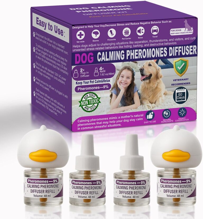 Dog Calming Pheromones Diffuser & 6 in 1 Kit Appeasing Dog Pheromone Diffuser to Calm (2 Plug in+4 x48ml Refill) Dog Calming Diffuser Fei 01