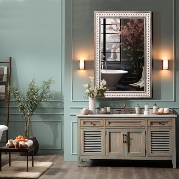 Rectangle Mirror Wooden Bathroom Mirrors - 35x23'' Boho Rectangular Mirrors for Wall Rustic Farmhouse Decorative Mirrors for Bedroom, Living Room, Entryway - Vertical or Horizontal Hanging