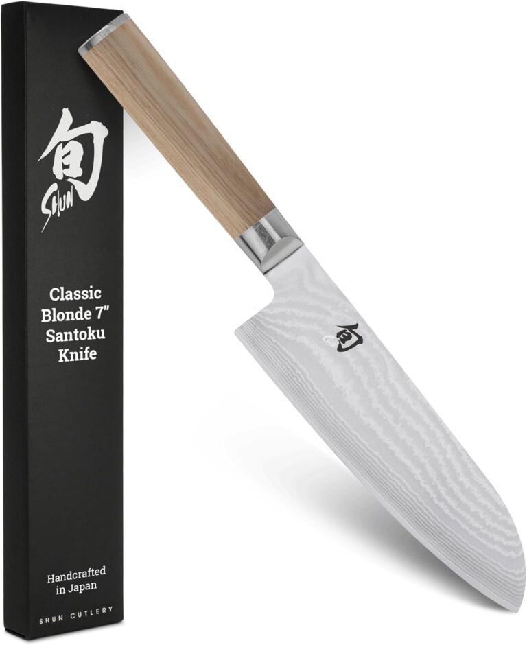 Shun Classic Blonde 7" Santoku Knife, Handcrafted Japanese All Purpose Knife, VG-MAX Core with Damascus Stainless Steel Cladding, Pakkawood Handle, Versatile Japanese Cutting Tool
