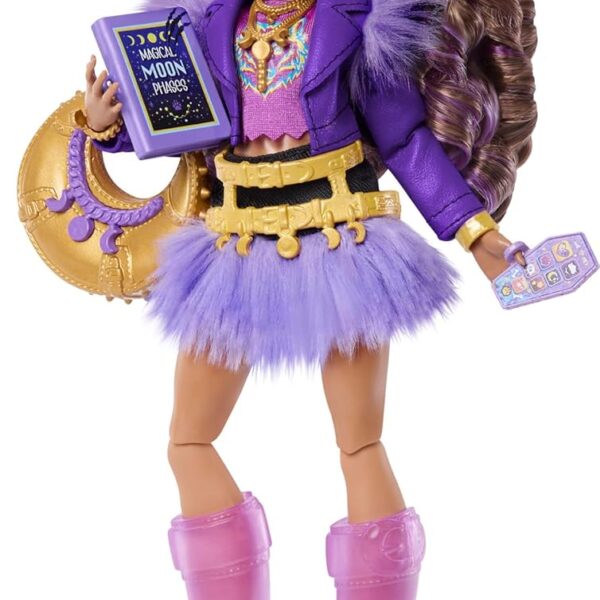 Monster High Doll, Clawdeen Wolf in Purple Moto Jacket and Furry Skirt with Pet Wolf Pup Crescent and 7 Accessories Like Book, Croissant and Purse