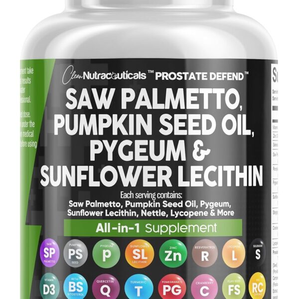 Clean Nutraceuticals Saw Palmetto Pumpkin Seed Oil Pygeum Sunflower Lecithin Stinging Nettle Cranberry - Prostate Supplements for Men with Lycopene - 90 Caps