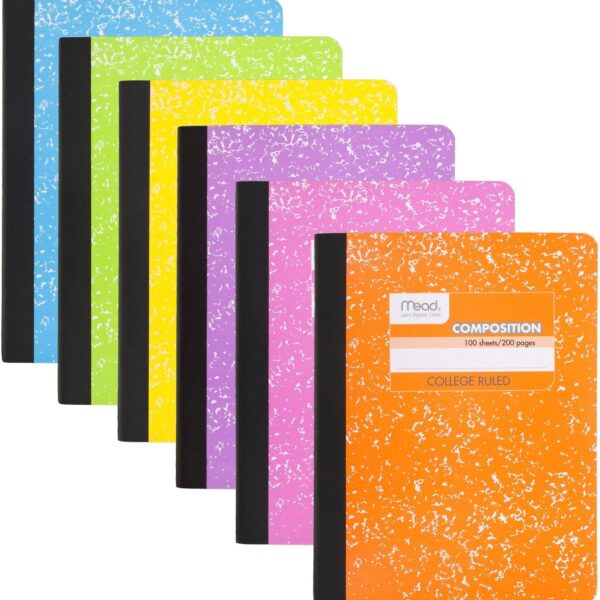 Mead Composition Notebook, 6 Pack, College Ruled Paper, 7-1/2" x 9-3/4", 100 Sheets per Comp Book, Assorted Colors (850106-ECM)
