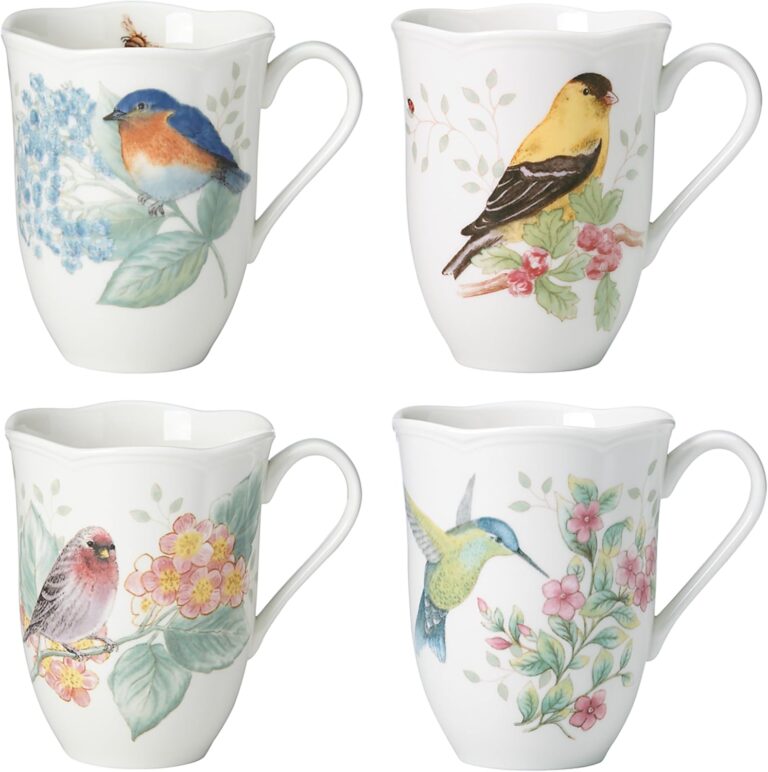 Lenox Coffee Mug Set, Butterfly Meadow Flutter 4-Piece Mugs, Service For 4, 12 Ounce Mug, Chip Resistant White Porcelain, Microwave And Dishwasher Safe, Ceramic Mugs, Coffee Cups (Assorted, 4 Piece)