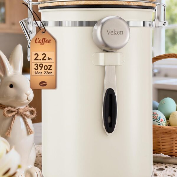 Veken Coffee Canister, 39OZ Large, Airtight Stainless Steel Food Storage Container for 2.2lbs Coffee Beans, Ground, Sugar, Tea, Flour, Cereal, Kitchen Bar Accessories with Date Tracker & Scoop, Cream