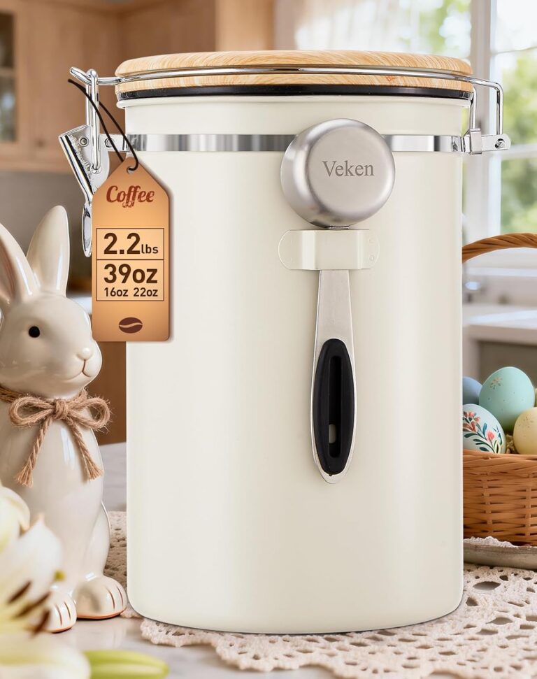 Veken Coffee Canister, 39OZ Large, Airtight Stainless Steel Food Storage Container for 2.2lbs Coffee Beans, Ground, Sugar, Tea, Flour, Cereal, Kitchen Bar Accessories with Date Tracker & Scoop, Cream