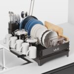 ULG Dish Drying Rack with Drainboard, Dish Rack for Kitchen Counter, Rustproof Dish Drainer with Detachable Utensil Holder, Adjustable Swivel Spout Dish Strainers, Black