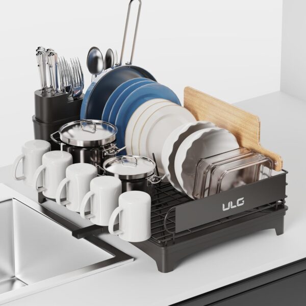 ULG Dish Drying Rack with Drainboard, Dish Rack for Kitchen Counter, Rustproof Dish Drainer with Detachable Utensil Holder, Adjustable Swivel Spout Dish Strainers, Black