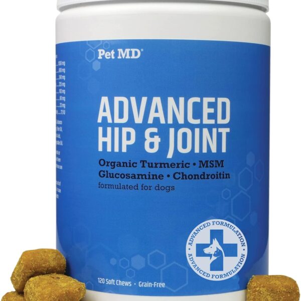 Pet MD Glucosamine for Dogs | Dog Joint Supplement with Glucosamine, Chondroitin & MSM - Inflammatory Pain Relief Chews for Hip & Joints - Bacon Flavored - Includes Yucca & Turmeric - 120 Ct