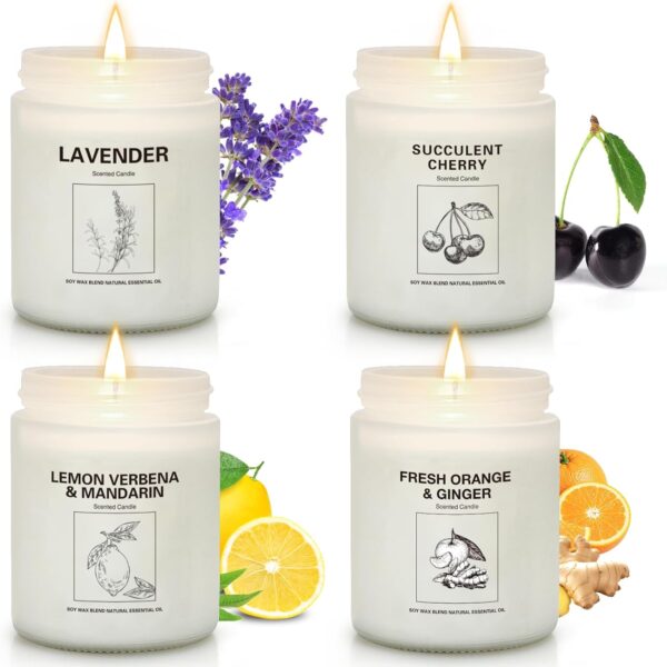 Soy Wax Scented Candle Gift Set, 4 Pack Lavender, Orange & Lemon Scents, Long Lasting Aromatherapy Candles for Home, Relaxing Gifts for Women, Perfect for Holiday, Thanksgiving & Christmas