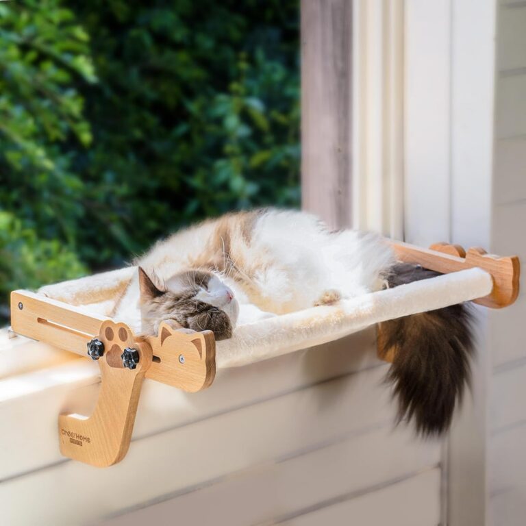 CHEERHOME PETS Cat Window Perch with Washable Bolster, Fluffy Cats Hammock Bed for Window, Adjust Wooden Seat for Kitten Bedside Windowsill, Wooden Cats Furniture(Medium White)
