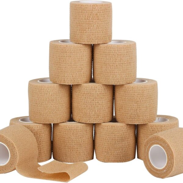 12 Pack Self Adherent Cohesive Wrap Bandages 2 Inches X 5 Yards,First Aid Tape, Elastic Self Adhesive Tape, Athletic, Sports wrap Tape, Bandage Wrap for Sports, Wrist, Skin Colour Athletic Tape