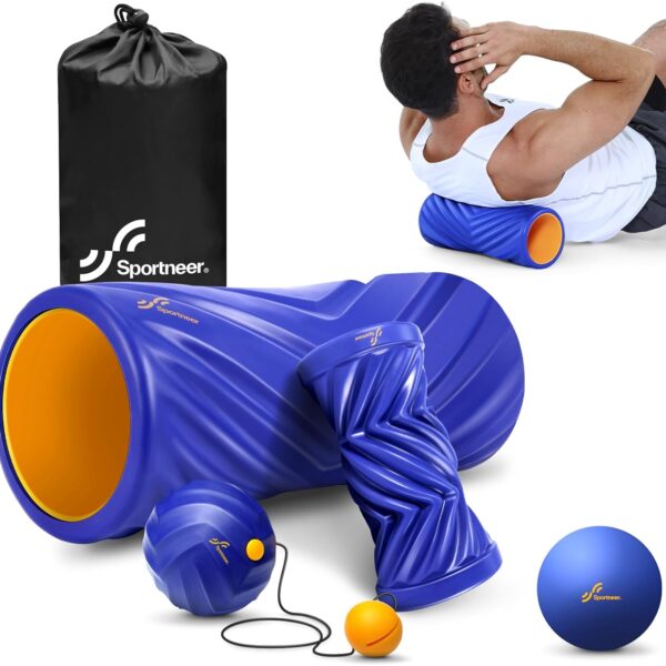 Sportneer 4 in 1 Foam Set, Muscle Relax Kit with 2 Textured Foam Rollers, Stringed Exercise Ball, Lacrosse Ball for Muscle Shoulder Back Leg Whole Body Relax Fitness Yoga