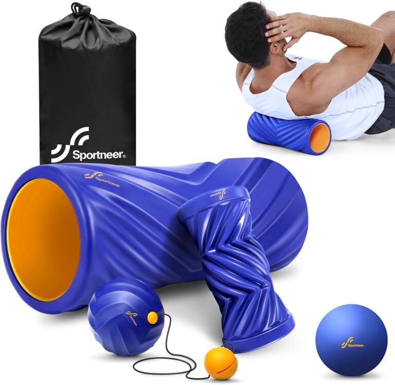 Sportneer 4 in 1 Foam Set, Muscle Relax Kit with 2 Textured Foam Rollers, Stringed Exercise Ball, Lacrosse Ball for Muscle Shoulder Back Leg Whole Body Relax Fitness Yoga