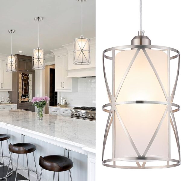 Pendant Lights Kitchen Island with Frosted Glass, Brushed Nickel Hanging Kitchen Lights, Cylindrical Modern Pendant Light, Kitchen Pendant Lighting Over Island, Foyer, Dining Room, Entryway
