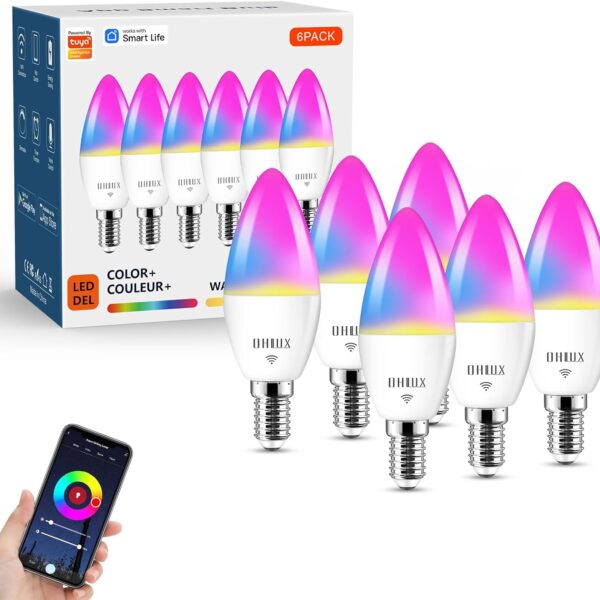 OHLUX 6 Pack E12 Smart Candelabra LED Light Bulbs, Color Changing Compatible with Google Alexa and Smart Life, 5W 40W Equivalent WiFi Candle Bulbs with Remote Control, Timer