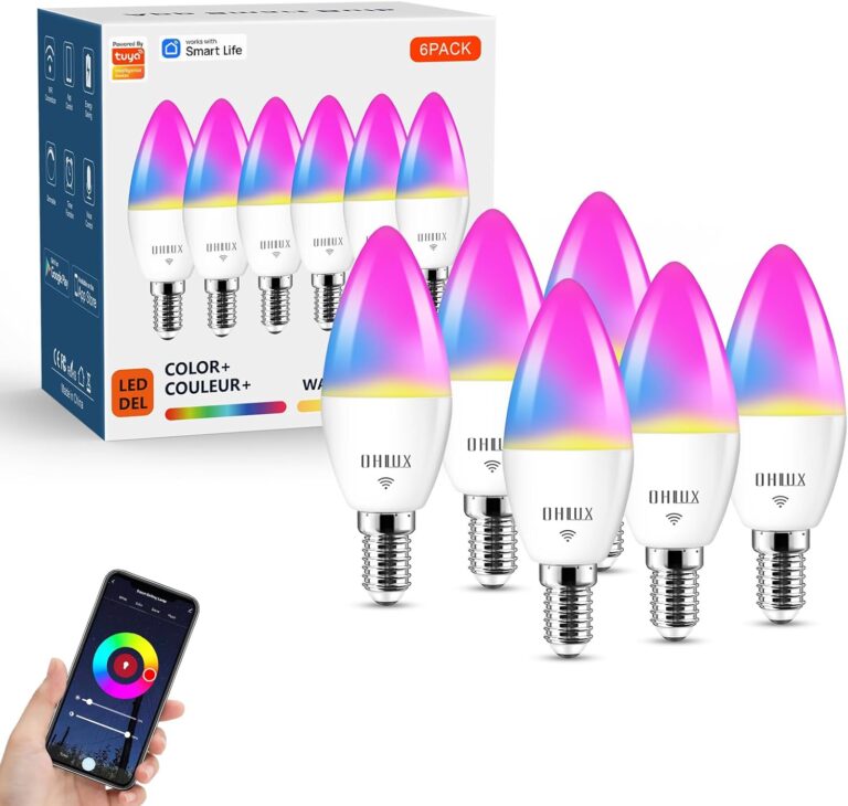 OHLUX 6 Pack E12 Smart Candelabra LED Light Bulbs, Color Changing Compatible with Google Alexa and Smart Life, 5W 40W Equivalent WiFi Candle Bulbs with Remote Control, Timer