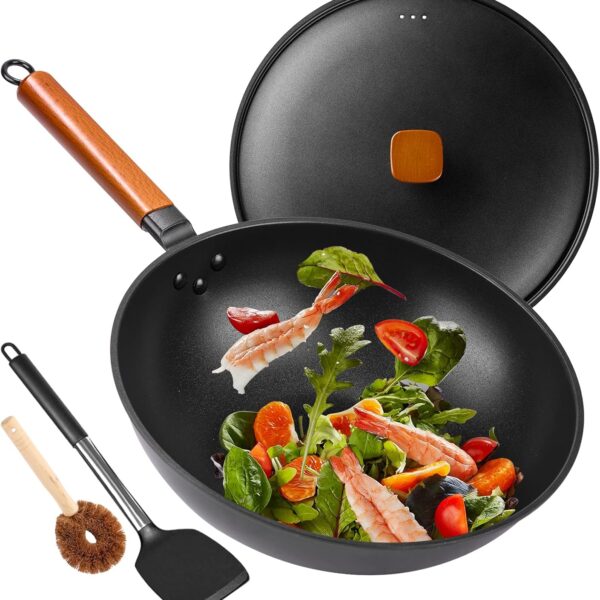 13" Nonstick Wok - Wok Pan with Lid, Carbon Steel Woks & Stir-Fry Pans: Flat Bottom Chinese woks for Electric, Induction, Gas, All Stoves