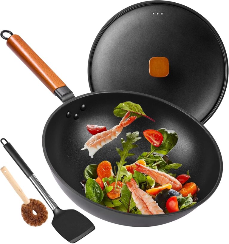 13" Nonstick Wok - Wok Pan with Lid, Carbon Steel Woks & Stir-Fry Pans: Flat Bottom Chinese woks for Electric, Induction, Gas, All Stoves