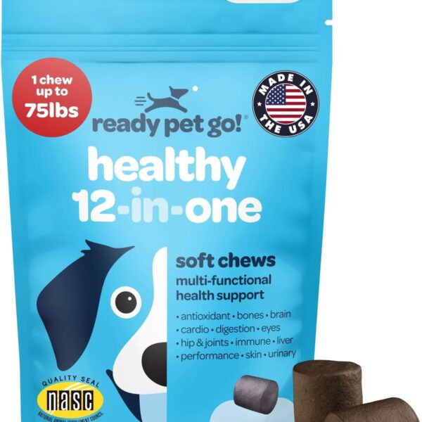 12-in-1 Complete Multivitamin for Dogs | Dog Multivitamin Chewable with Glucosamine Chondroitin & Digestive Probiotics for Dogs of All Ages and Sizes | NASC Certified & Made in The USA | 60 Chews