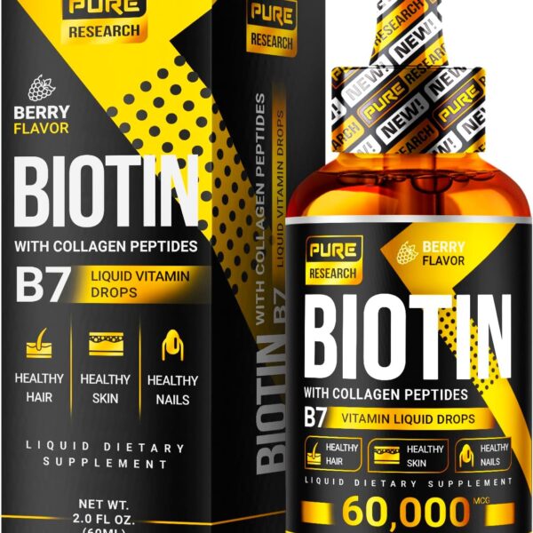 Liquid Biotin & Collagen Hair Growth Drops 60,000mcg - Biotin and Liquid Collagen Supplement for Men & Women - Glowing Skin Support, Healthy Hair & Nail Growth - 2oz