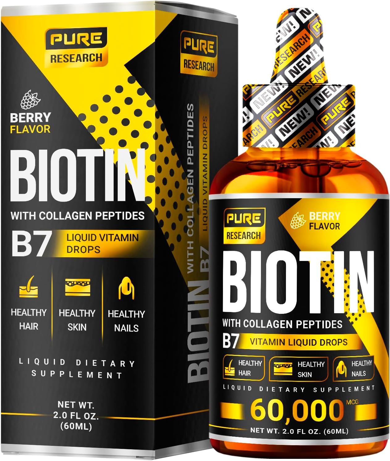 Liquid Biotin & Collagen Hair Growth Drops 60,000mcg - Biotin and Liquid Collagen Supplement for Men & Women - Glowing Skin Support, Healthy Hair & Nail Growth - 2oz Liquid Biotin & Collagen Hair Growth Drops 60,000mcg - Biotin and Liquid Collagen Supplement for Men & Women - Glowing Skin Support, Healthy Hair & Nail Growth - 2oz