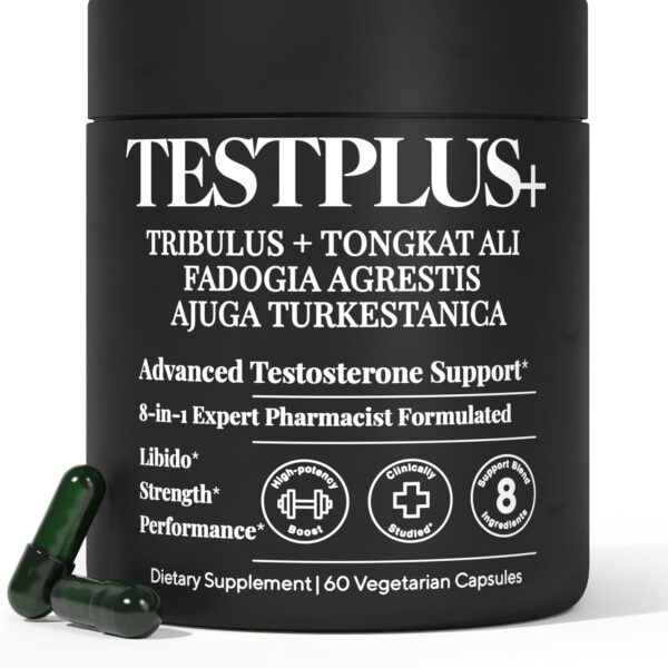 TESTPLUS+ 1,450mg 8-in-1 Testosterone Support for Men - High Strength Tongkat Ali, Fadogia Agrestis, Turkestanica & Tribulus - Natural Performance, Energy & Muscle Growth Formula (60 Capsules)