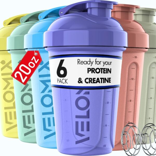 VELOMIX -6 PACK- 20 oz Protein Shaker Bottle for Protein Mixes - 6x Wire Whisk | Leak Proof Shaker Cups for Protein Shakes | Stackable Protein Shaker Bottle Pack | Dishwasher Safe (Pastel Shades)