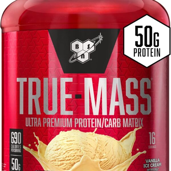 BSN TRUE-MASS Weight Gainer, Mass Gainer Protein Powder, Post Workout Muscle Recovery Powder, Muscle Gainer, 2:1 Carbs to Protein Ratio, Vanilla Ice Cream, 5.82 Pound, 16 Servings