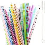 50 Pack Reusable Straws, BPA-Free, 9" Colorful Hard Plastic Stripe Drinking Straw for Mason Jar Tumbler, Family or Party Use with Cleaning Brush